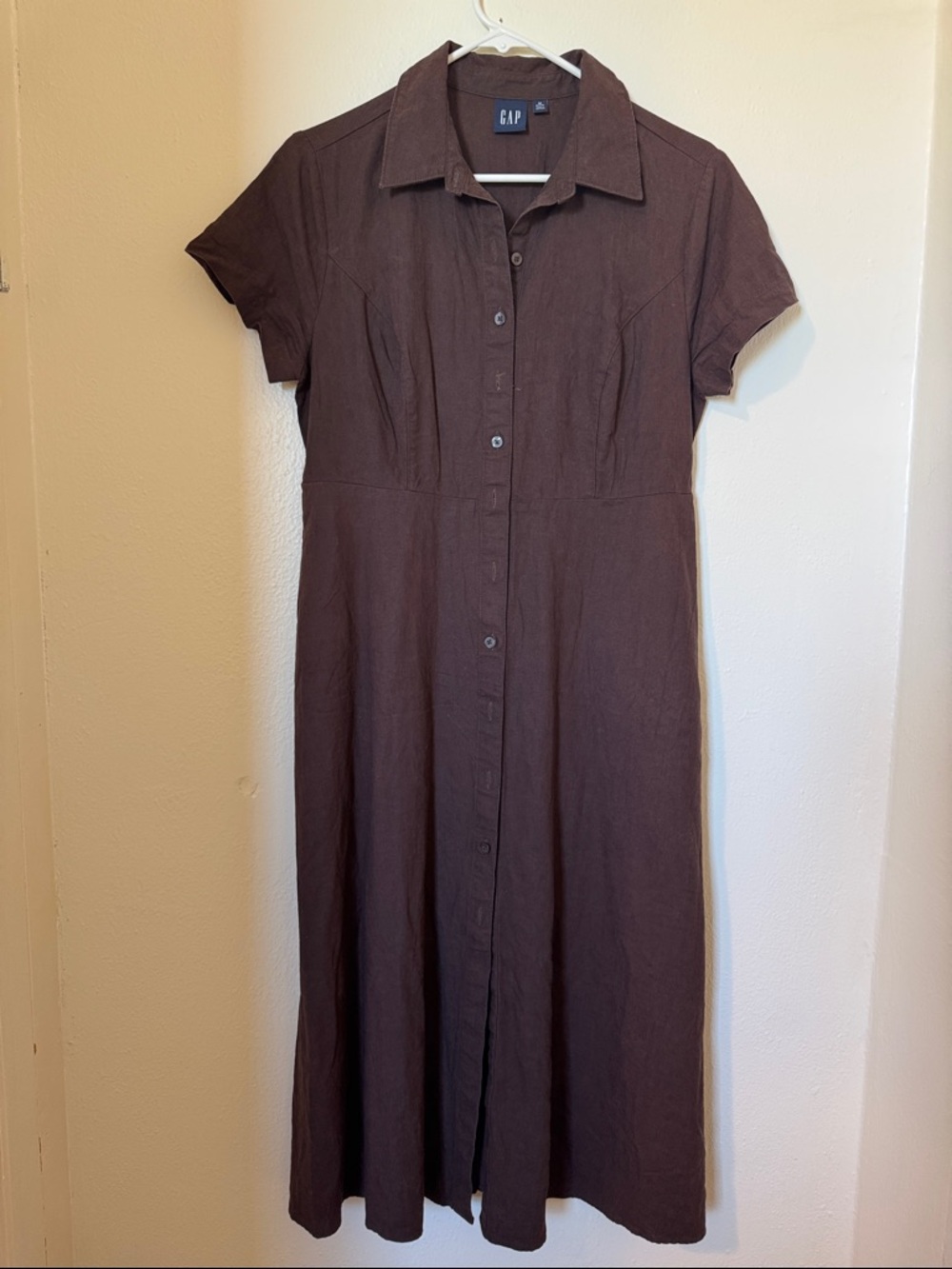 GAP Brown Button-Front Short Sleeve Linen Midi Dress